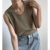 Texture Knitted Sleeveless O Neck Men T Shirt Casual Harajuku Loose All-match Oversized Summer Vest Streetwear Black Tank Tops