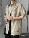 Foesce Military Cargo Shirts Mens Cotton Casual Hansome Short Sleeve Work Streetwear Muti Pocket Summer Safari Style Solid Blouses