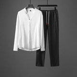 Foesce Men's Chinese Style Tang Suit Long-sleeved T-shirt +pant Breathable V-neck Shirt Two-piece Autumn Casual Sports Suit