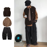Autumn Winter Set Men Women High Street Knit Vest Sweater Harajuku Vintage Corduroy Shirt Hip Hop Casual Cargo Pants Three-piece