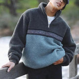 Wool Sweatshirt Men Fashion Stand Collar Zipper Patchwork Fleece Sweatshirts For Mens Clothing Casual Loose Long Sleeve Jumpers