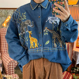 Giraffe Embroidered Zoo Denim Shirt Men Autumn New Vintage Style Casual Long Sleeve Casual Shirt Women Top Punk Style