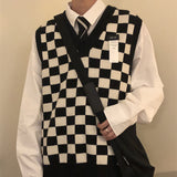 Foesce New Autumn Arctic Velvet Checkerboard Pattern Men's Sweater Vest Retro V-neck Sleeveless Knit Vest Woolen Korean Clothes