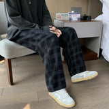 Casual Pants Men High Street Ins Fashion Wide Leg Spodnie Plaid Korean Style Handsome Students Corduroy Autumn Elastic Waist New