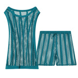 Mens Undershirt Set Mesh Tank Tops Boxers Sexy Sheer Fishnet Hollow Sleeveless Singlet Shorts Nightwear