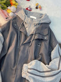 American Hooded Varsity Jacket Men Spring Autumn Zipper Grey Patchwork Basball Uniform Coat Hong Kong Style Vintage Top