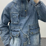 Cargo Denim Hoodie Men Fashion Streetwear Multi-Pocket Hip Hop Harajuku Street Hooded Sweatshirt