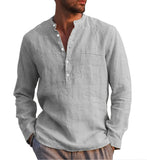 Foesce Men's Casual Cotton Linen Shirts Solid White V Neck Men Long Sleeve Shirt Button Pocket Tops Blouse Pullovers Camisas De Hombre