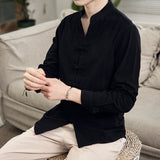Men Casual Shirt Solid Retro Button Stand Collar Tops Cotton Linen Long Sleeve Chinese Traditional Shirts Men Streetwear