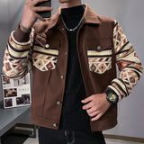 Fall Version Lapel Vintage Ethnic Pattern Stitching Jacket Mens  Motorcycle Jacket Korean Slim British Trend Casual Jacket