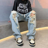 Men Jeans Wide-leg Straight Jeans Hole Ripped Streetwear All-match Denim Trousers Mens Loose Casual Fashion Harajuku Pants