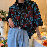 Foesce Rose full print vintage shirt shirt women men summer rich young master short sleeve button up shirt Korean streetwear summer ins