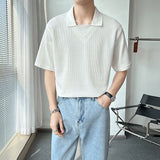 Foesce New Waffle Polo Shirt Men Short Sleeved Summer Solid Color Ice Silk Lapel Casual Loose Harajuku Top Korean Fashion Clothing
