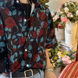 Foesce Rose full print vintage shirt shirt women men summer rich young master short sleeve button up shirt Korean streetwear summer ins