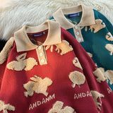 Embroidery Animal Rabbit Sweater Preppy POLO Collar Shirt Pullover Thicken Winter Y2K Tops Harajuku Red Green Kawaii Clothes