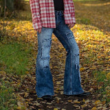 Men Flared Jeans Bootcut Leg Pants Distressed Patchwork Jeans New Designer Punk Style Bell Bottom Denim Trousers