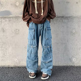 High Street Denim Trousers Men's Overalls Safari Style Multi Pockets Male Cargo Pants Casual Spring Fashion New