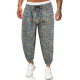 Foesce New Men Pants Casual Cotton Linen Baggy Pant Color-blocking Floral Drawstring Trousers Fashion Sweatpants Streetwear Male