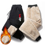 Men Fleece Warm Cargo Pants Autumn Winter Casual Loose Print Drawstring Sports Trousers Male Thermal Lambswool Sweatpants