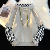 Men Women Plaid Sleeve Cotton Sweatshirt Gothic Patchwork Long Sleeve Plaid Pullovers Korean Vintage Plaid Splice Hoody Punk