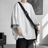 Spring Summer Men's T-shirts Women Oversized 2XL Korean Style Loose Plaid T-shirt Casual Seven sleeves T-Shirt Male White