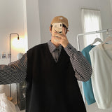 Sweater Vest Men Patchwork V-neck Colorful Shrug Chic Sleeveless Knitted Tops Mens Waistcoats Loose Oversize Harajuku All-match