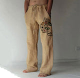 Men Drawstring Elastic Cotton Linen Trousers Casual Wide Leg Pant Male Summer Newest Vintage Print Loose Sport Pants Streetwear