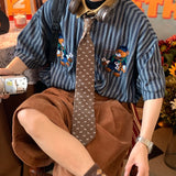 Vertical Striped Japanese Retro Short Sleeve Casual Shirts Men Couple Top Bear Print Button Up Shirt Summer Punk Style