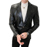 Foesce New Autumn Faux PU Leather Suit Jacket Men Korean Trendy Slim Fit White Red Black Fashion Streetwear Blazer Coat Male