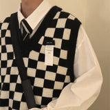 Foesce New Autumn Arctic Velvet Checkerboard Pattern Men's Sweater Vest Retro V-neck Sleeveless Knit Vest Woolen Korean Clothes