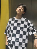 Men Short-slleve Shirt Men's Loose Vintage Black White Plaid T-shirt Student Japan Korean Summer Hip-hop Street Vitality Tops
