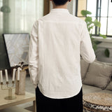 Men Casual Shirt Solid Retro Button Stand Collar Tops Cotton Linen Long Sleeve Chinese Traditional Shirts Men Streetwear