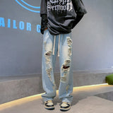 Men Jeans Wide-leg Straight Jeans Hole Ripped Streetwear All-match Denim Trousers Mens Loose Casual Fashion Harajuku Pants