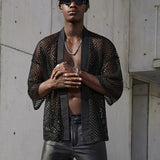 Foesce Mesh See-through Fishnet Mens Shirt Cardigan Fashion Sexy Shawl Nightclub Wear Tops 3/4 Sleeve Camisas Streetwear For Men