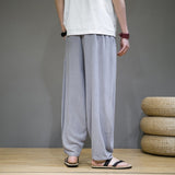 Men Pants Cotton and Linen Summer Solid Loose Sports Wide-Leg Pants Sports Men Lace-up Mid-Waist Pocket Straight Pants Trousers