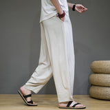 Men Pants Cotton and Linen Summer Solid Loose Sports Wide-Leg Pants Sports Men Lace-up Mid-Waist Pocket Straight Pants Trousers