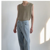 Texture Knitted Sleeveless O Neck Men T Shirt Casual Harajuku Loose All-match Oversized Summer Vest Streetwear Black Tank Tops