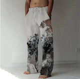 Men Drawstring Elastic Cotton Linen Trousers Casual Wide Leg Pant Male Summer Newest Vintage Print Loose Sport Pants Streetwear