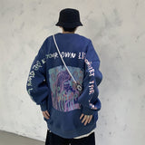 Hybskr Men's Cartoon Graffiti High Street Sweatshirt Oversize Male Letter Printed O Neck Hoodies Harajuku Unisex Pullovers