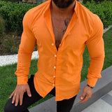 Foesce New Long Sleeve Button Stand Collar Men's Cotton Linen Shirt Buckle Casual Top