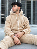 Foesce Men's Hoodie Outfit Solid Fluffy Fleece Sweatshirts with Trouser Two Piece Set Fall Winter Streetwear Hooded Hoodie Suits