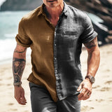 Foesce-Spring Summer Casual Loose Shirt Men Clothes Vintage Patchwork Contrast Buttoned Lapel Shirts Mens Daily Short Sleeve Tops